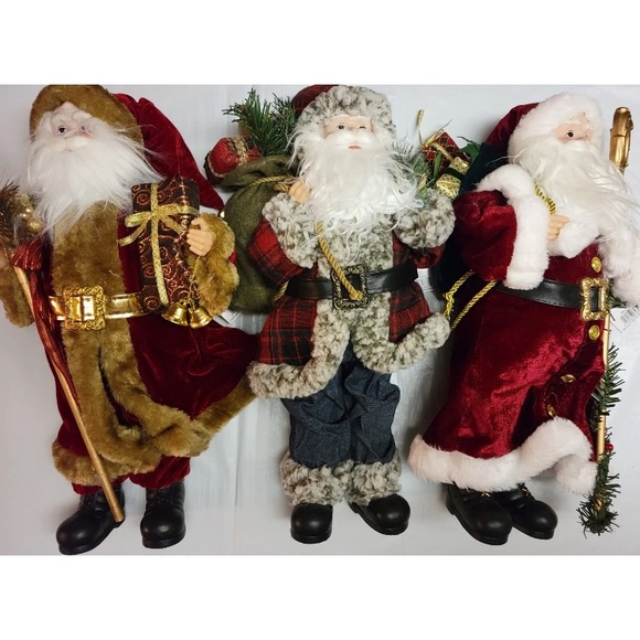 All 3 Merry Brite 18" Santa Figurine Holding Staff & Sack Country Farmhouse Doll - Picture 1 of 15